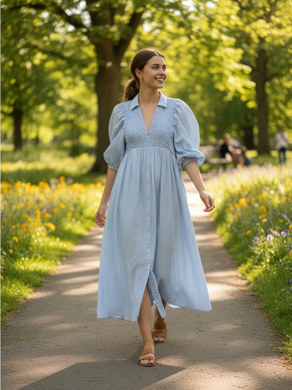entro Light Blue Smocked Maxi Dress with Puff Sleeves